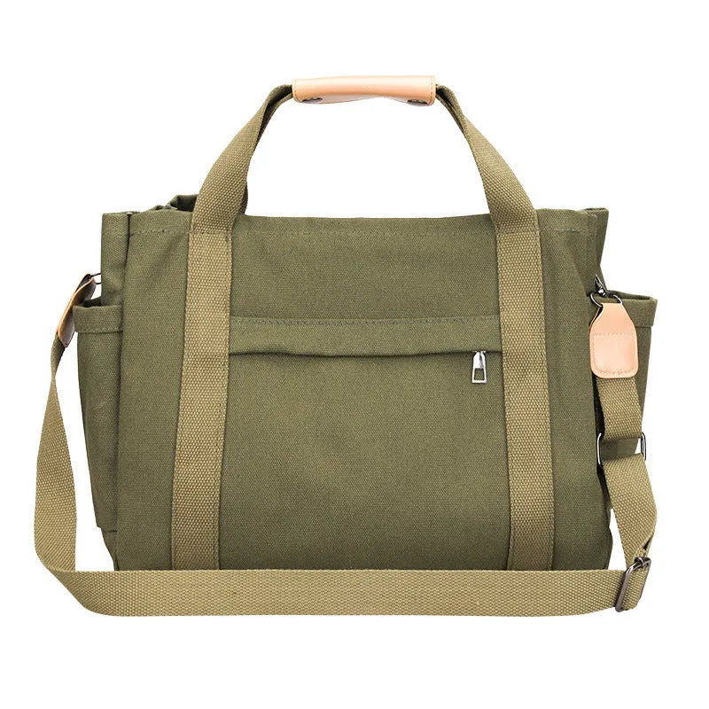 Large capacity canvas tote bag for women with zipper closure, horizontal square shape, in khaki colour