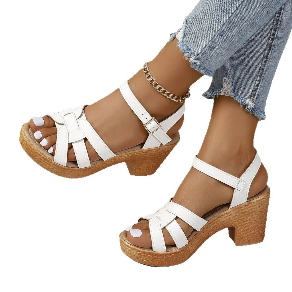 Plus size women's peep toe chunky heel sandals with ankle buckle in black brown and white PU upper