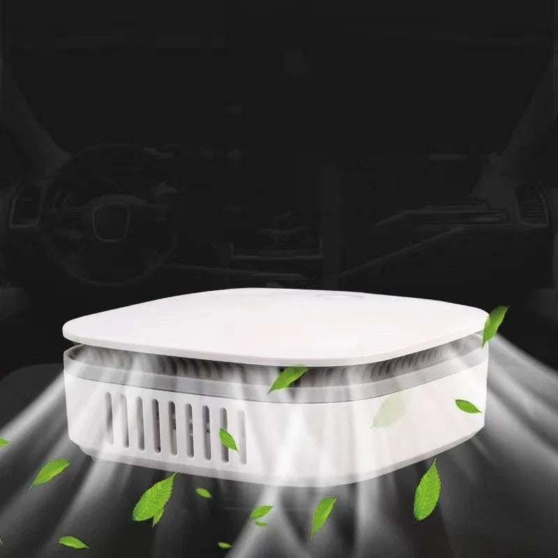 White portable USB air purifier for car with negative ion disinfection.