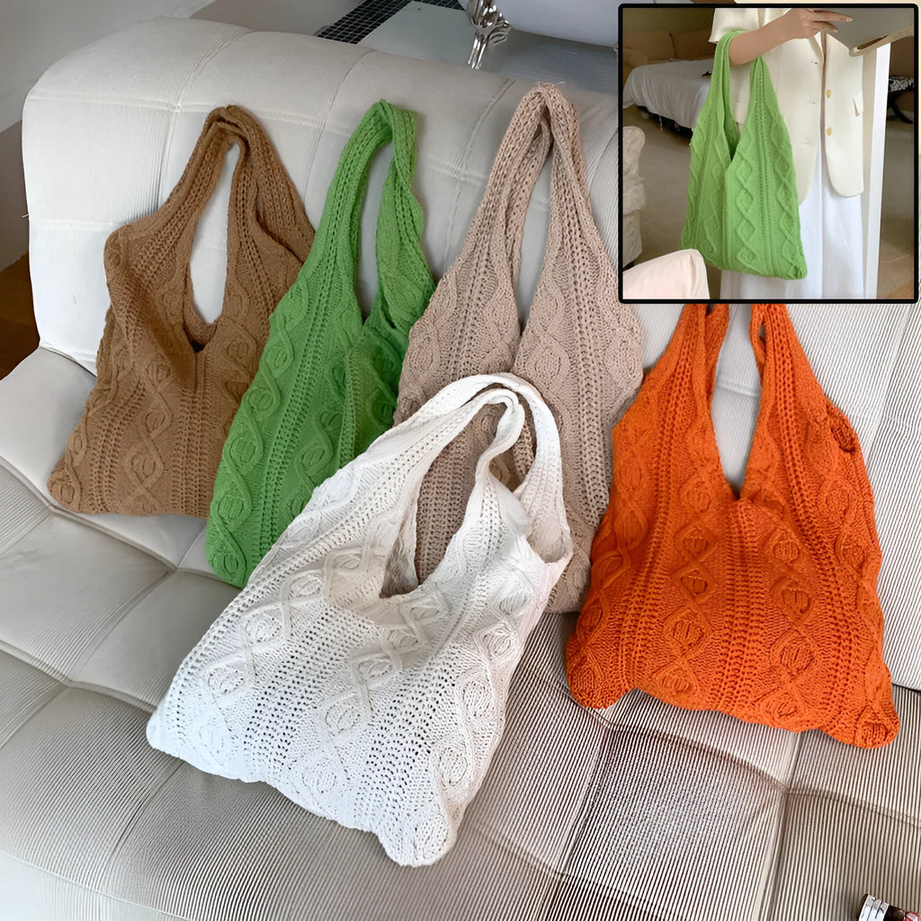 Retro hollow knitted women's shoulder tote bag in solid colour with double straps