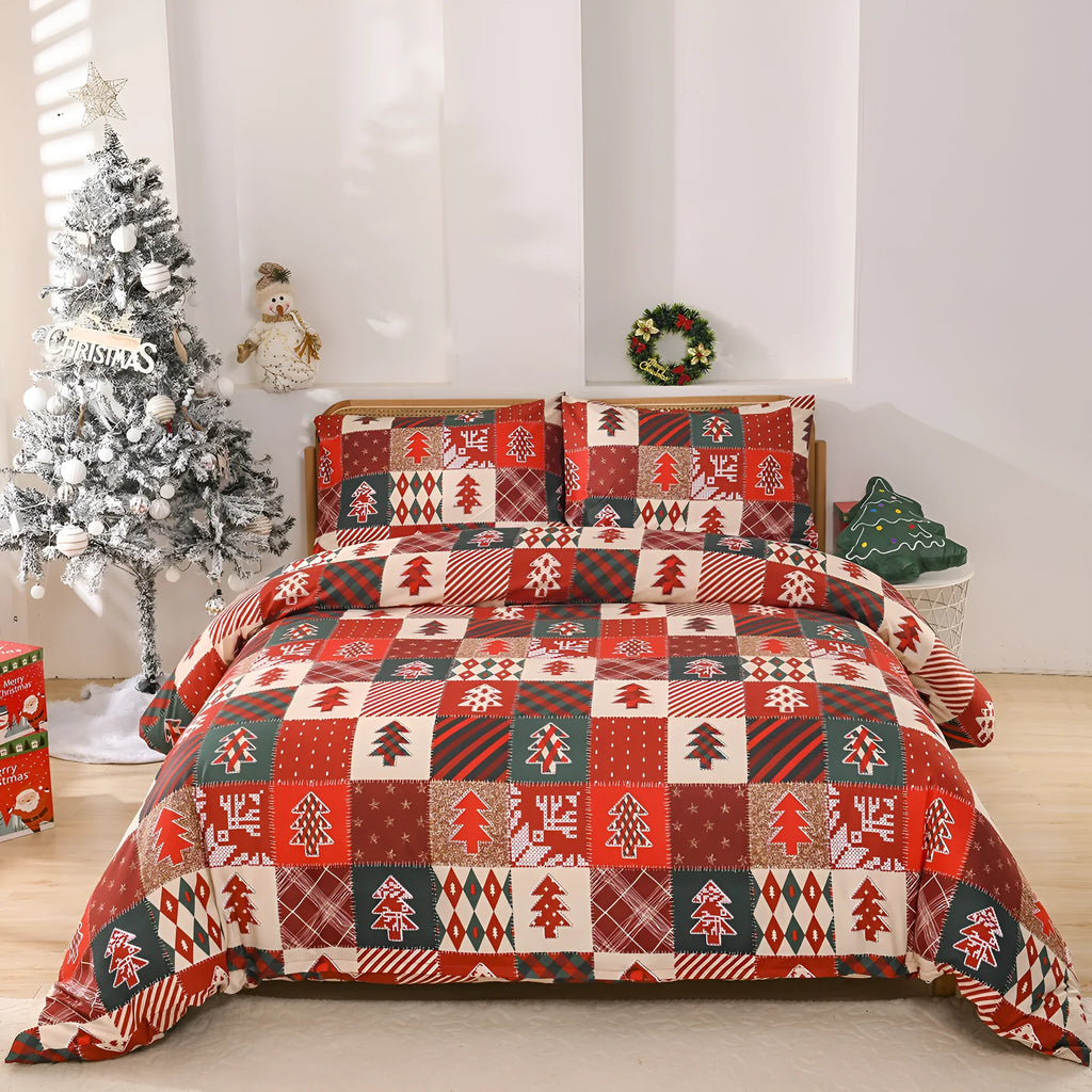 Red Christmas plaid pattern duvet cover and pillowcases three-piece bedding set