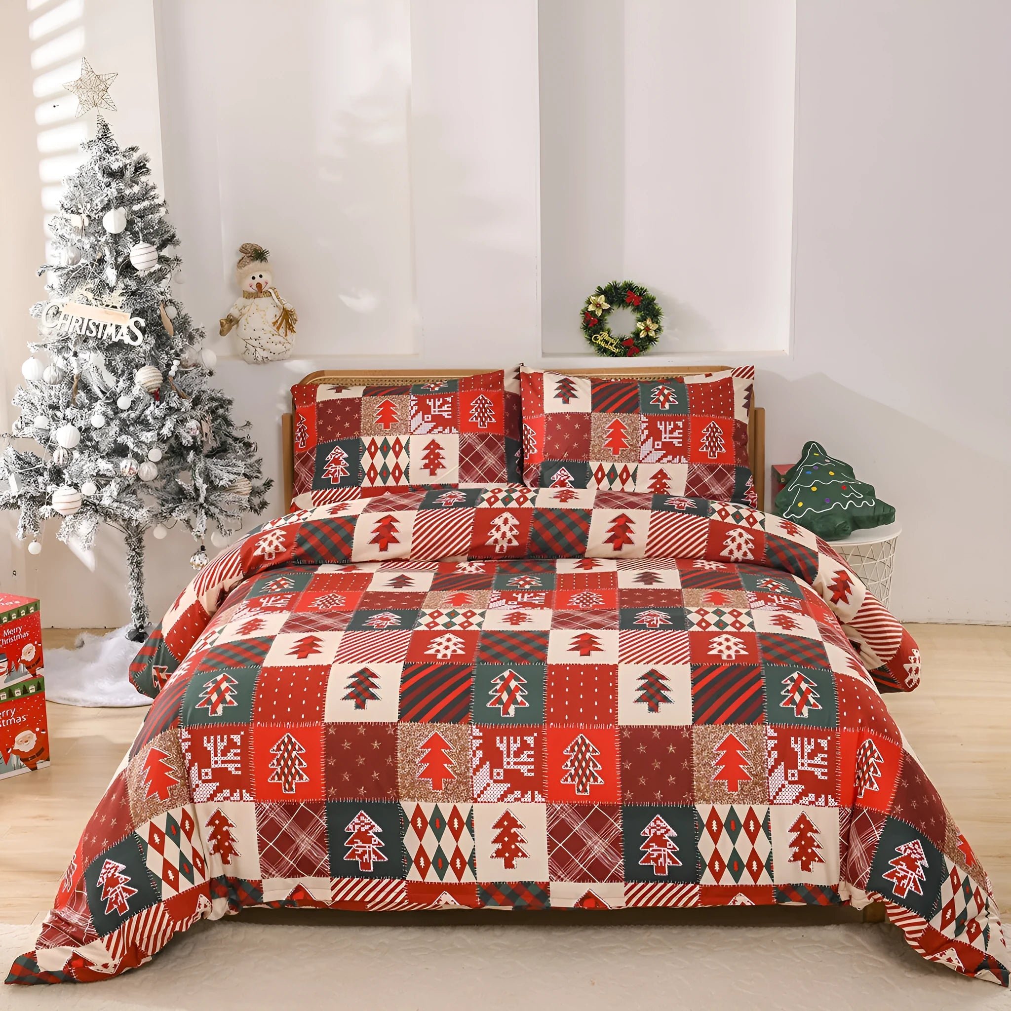 Red Christmas plaid pattern duvet cover and pillowcases three-piece bedding set