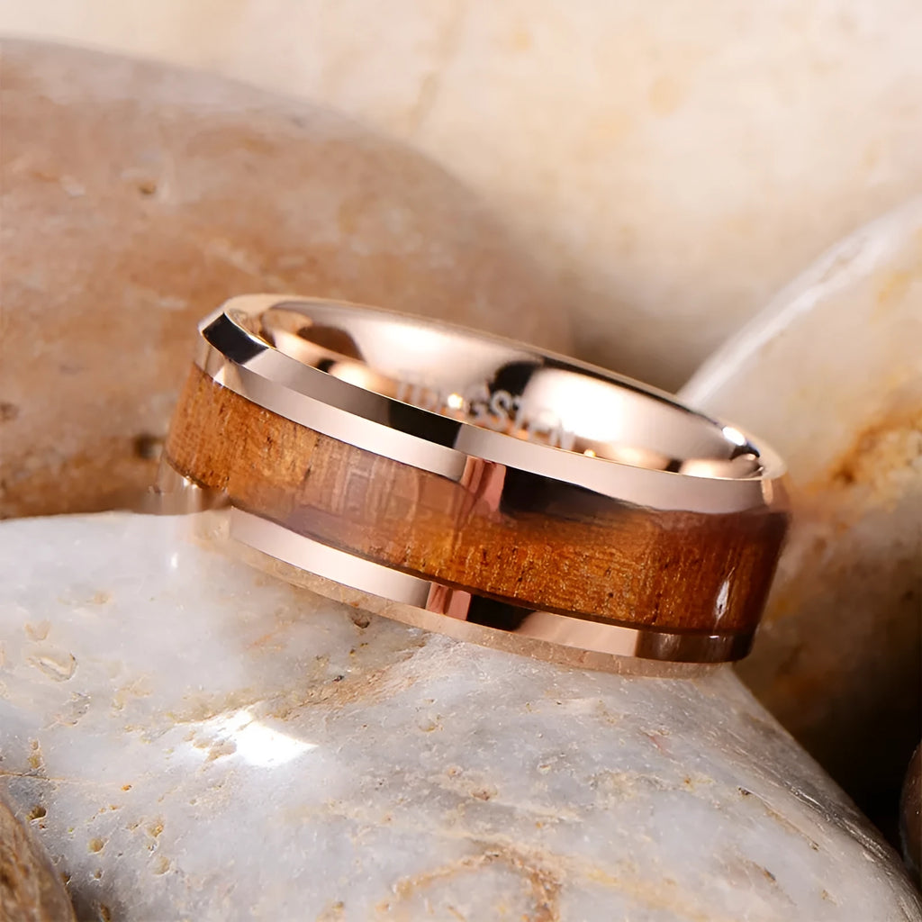 Men's tungsten carbide ring with leather inlay, showing rose gold and steel colour options in U-shape design.
