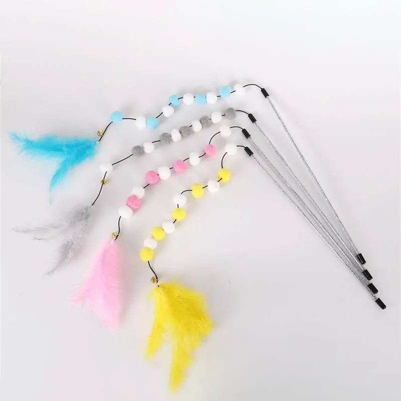 31cm long cat teaser interactive toy rod with colourful feather pompons and bell