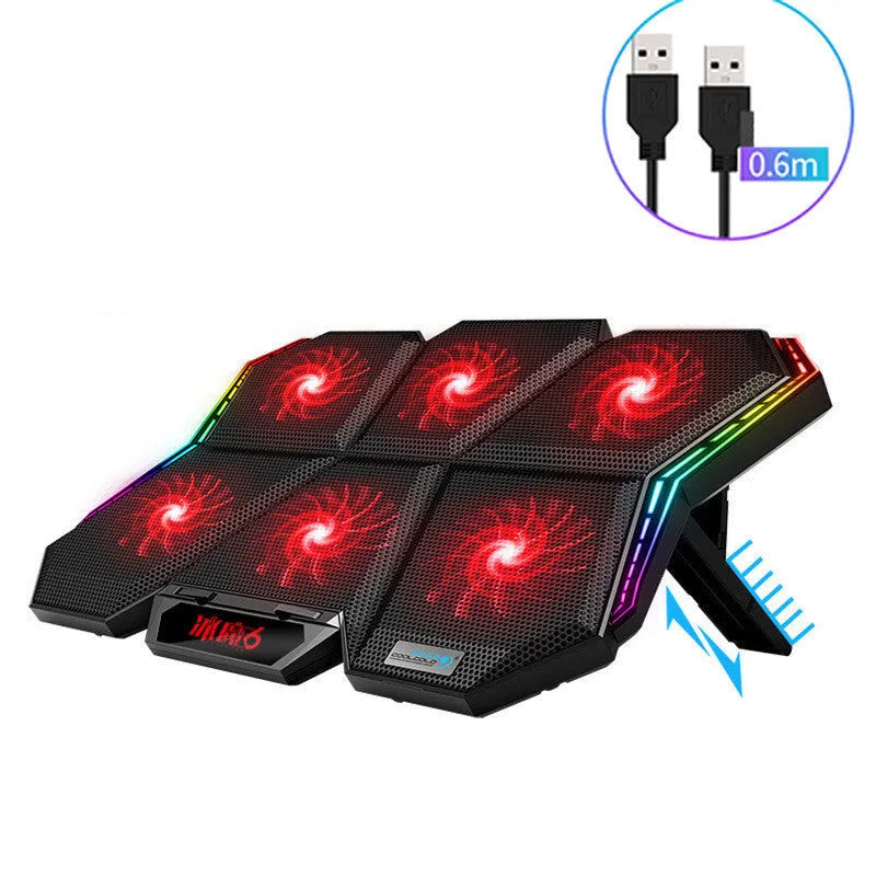 Six-fan notebook radiator for laptop cooling with black and red design and USB cable