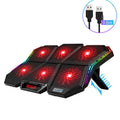 Six-fan notebook radiator for laptop cooling with black and red design and USB cable