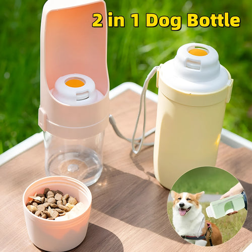 2-in-1 travel dog water bottle with 690ml capacity, lanyard, and leakproof seal in green; folding size 20cm x 9cm