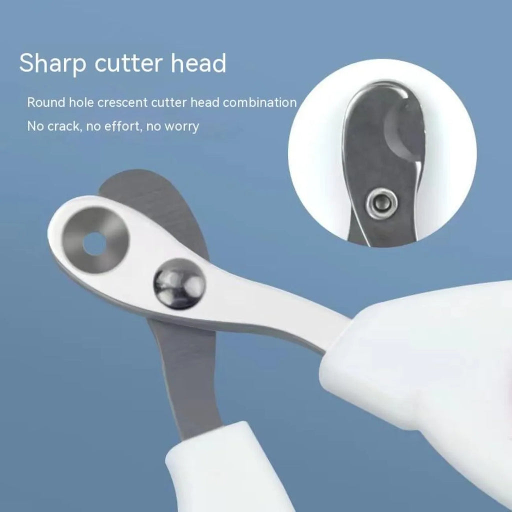 Blue pet nail clippers with a circular hole for safe trimming of cat, bird, and reptile nails.