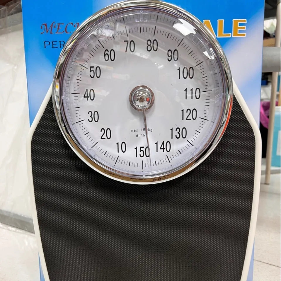 Black mechanical bathroom weighing scale with large dial on 47x35 cm platform