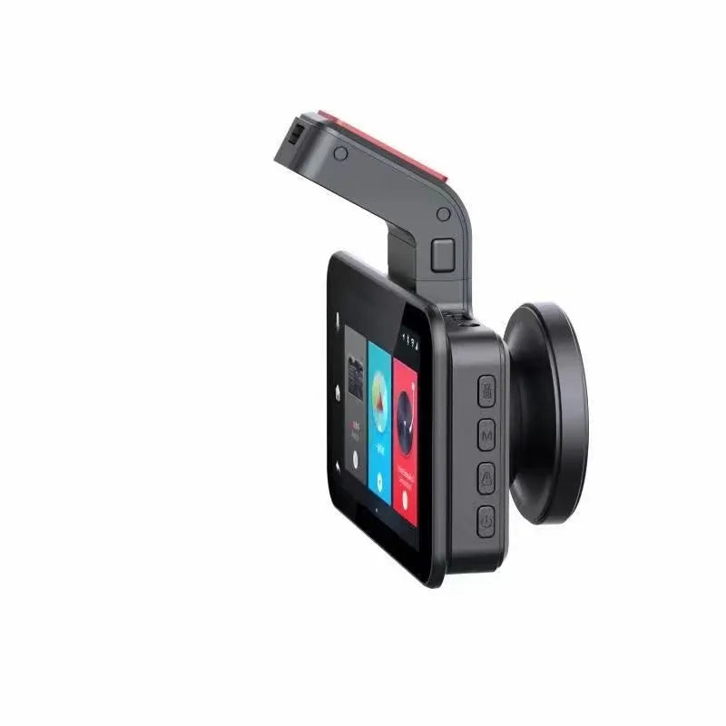 Black 3-inch screen car dash cam with dual lenses for front and rear recording on a car windscreen.