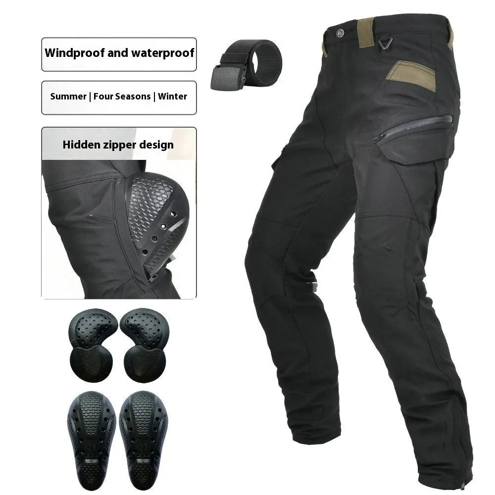 Motorcycle waterproof cycling trousers in black or green with included belt and protective gear