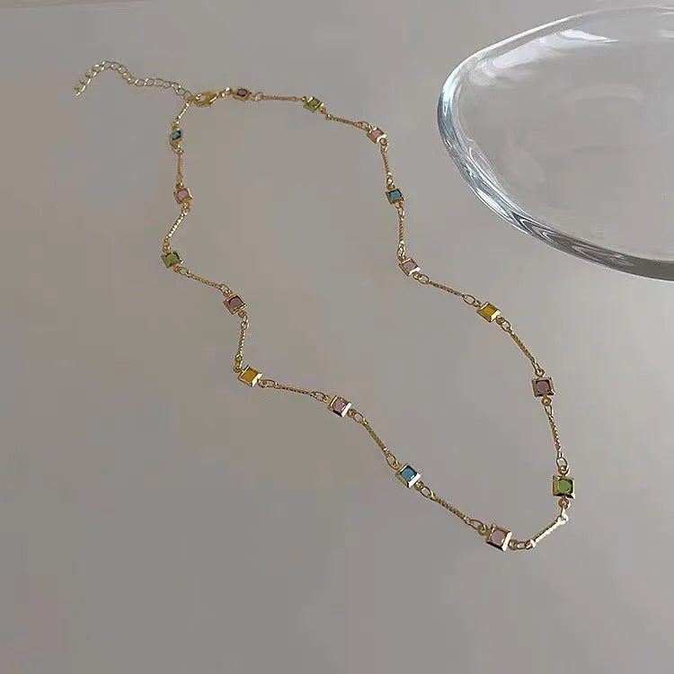 Square colour geometric clavicle chain necklace with artificial crystal details on alloy chain