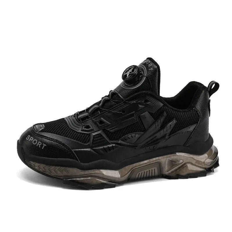 Men's black mesh casual sneakers with a rotating button closure and a low platform sole.