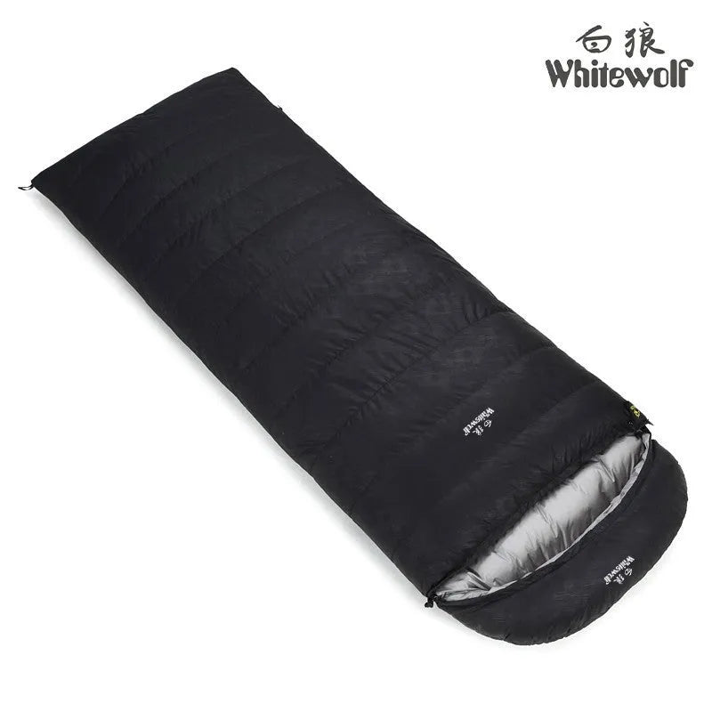 Black adult down sleeping bag with white goose down filling and tear-resistant nylon construction