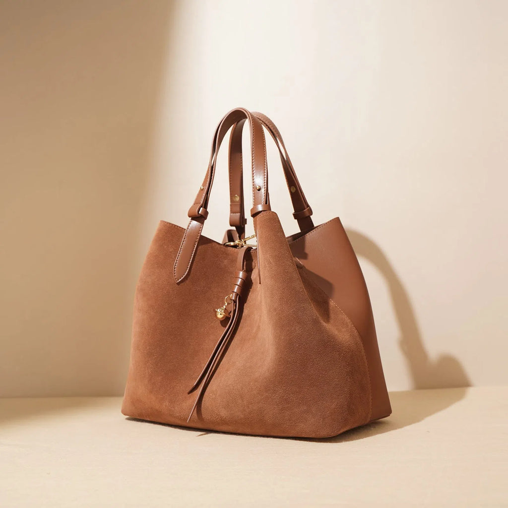 Retro bucket tote bag in Maillard colours with cotton lining and document pocket
