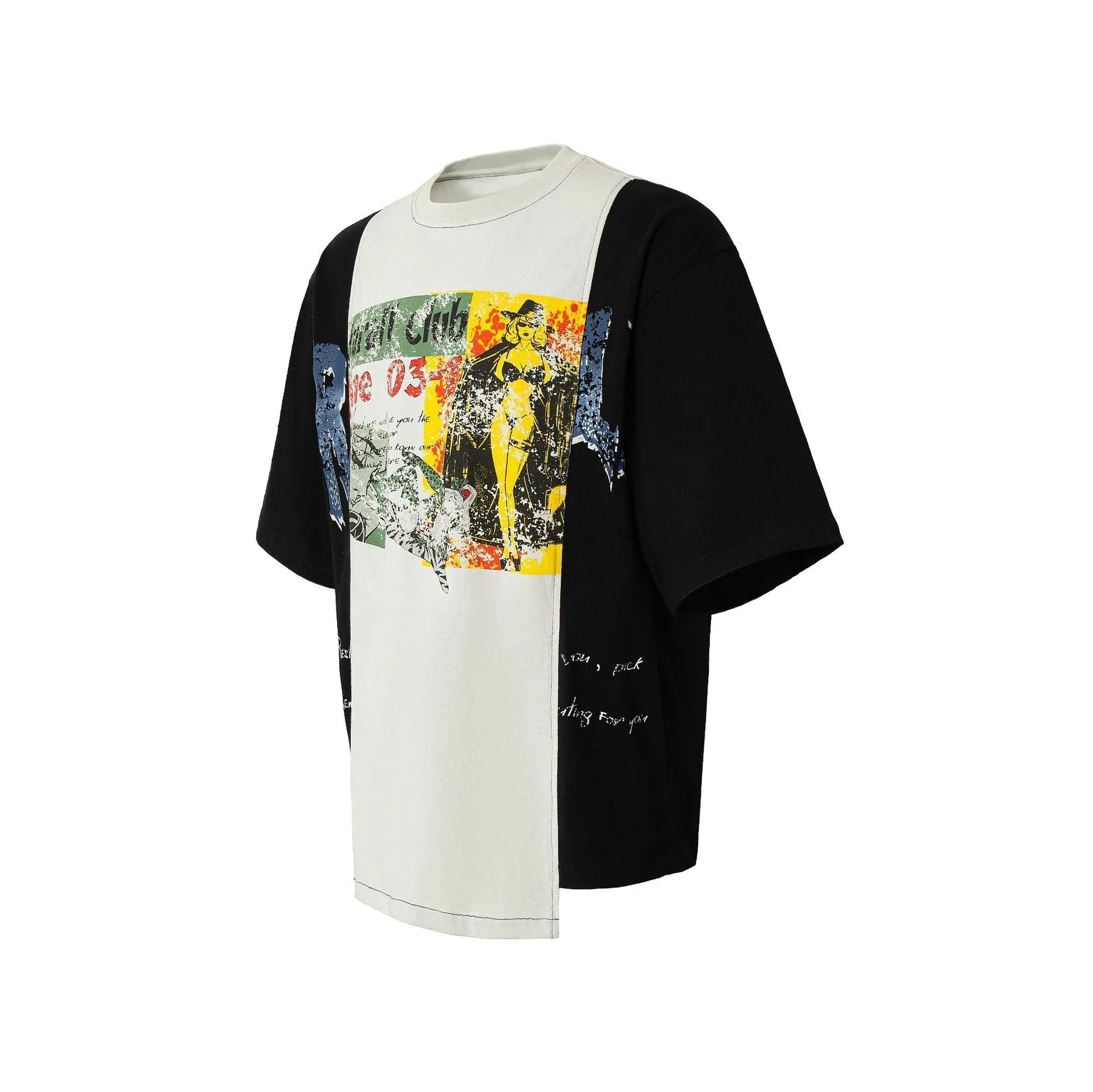 Broken collage deconstruction print T-shirt with black and white stitching, loose fit short sleeve