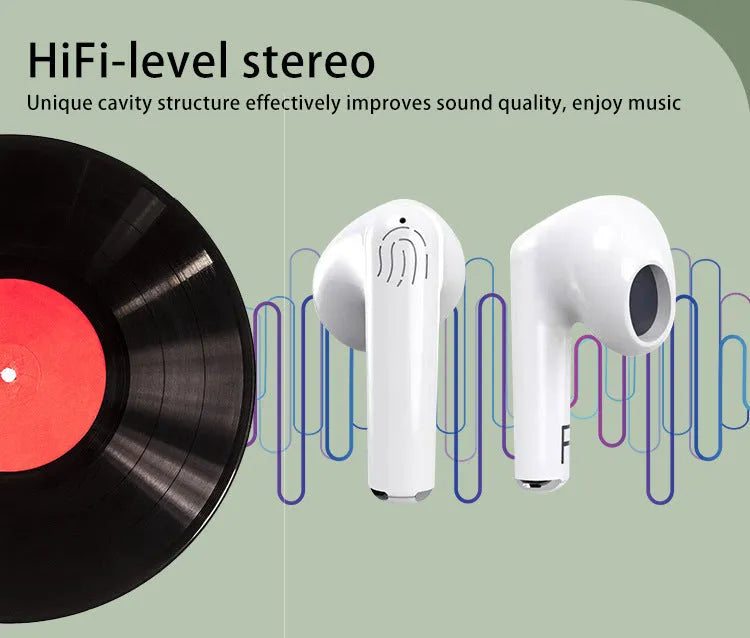 White semi-in-ear wireless Bluetooth earphones with charging case and memory card.