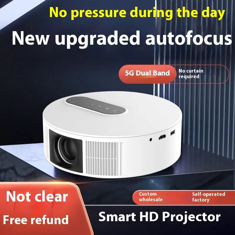 White HD home theatre projector with remote control showing 720p resolution specification