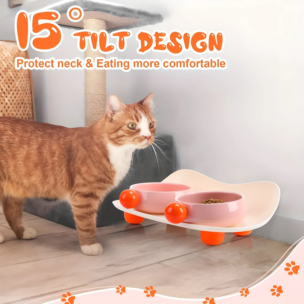 Ceramic raised pet feeding bowl set with non-slip silicone base in pink, pink yellow and yellow colours