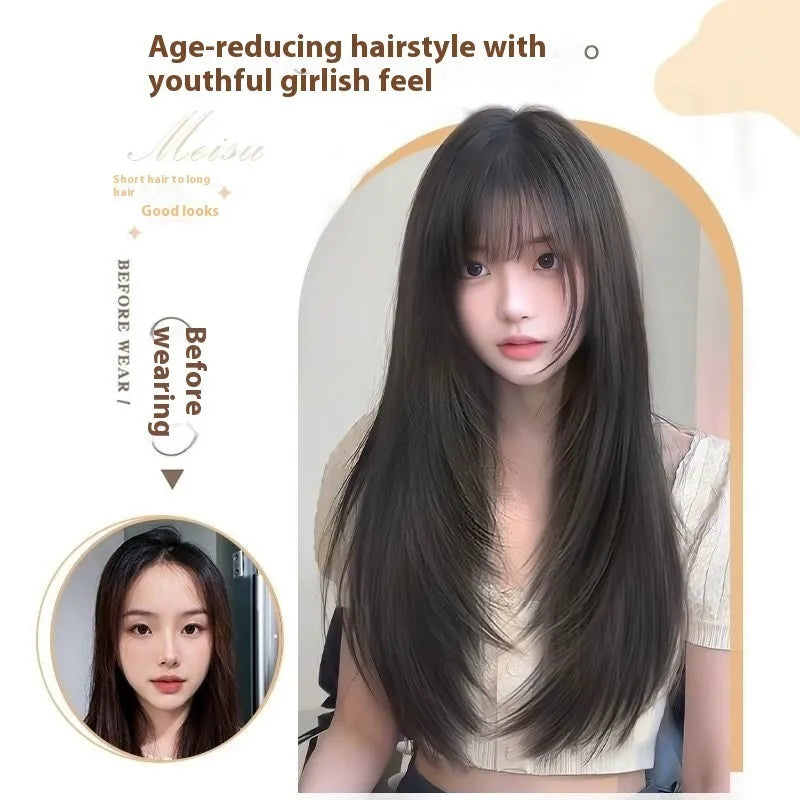 Black long straight high-layered full-head wig with built-in hair net for ladies.
