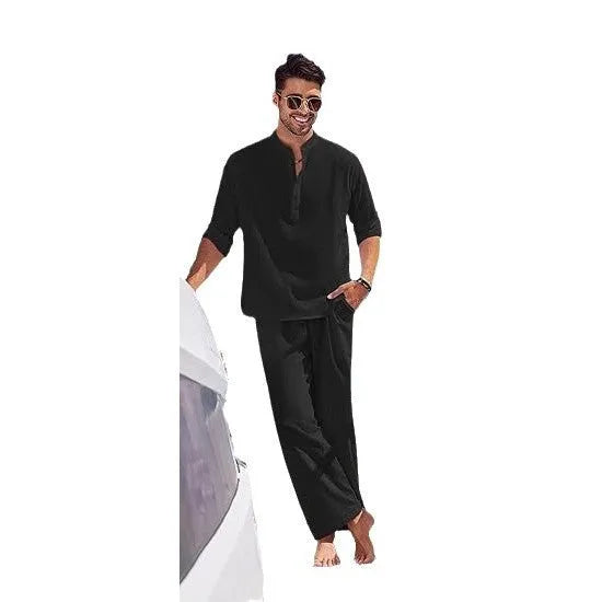 Cotton men's long sleeve trousers suit in solid colour for casual leisure wear