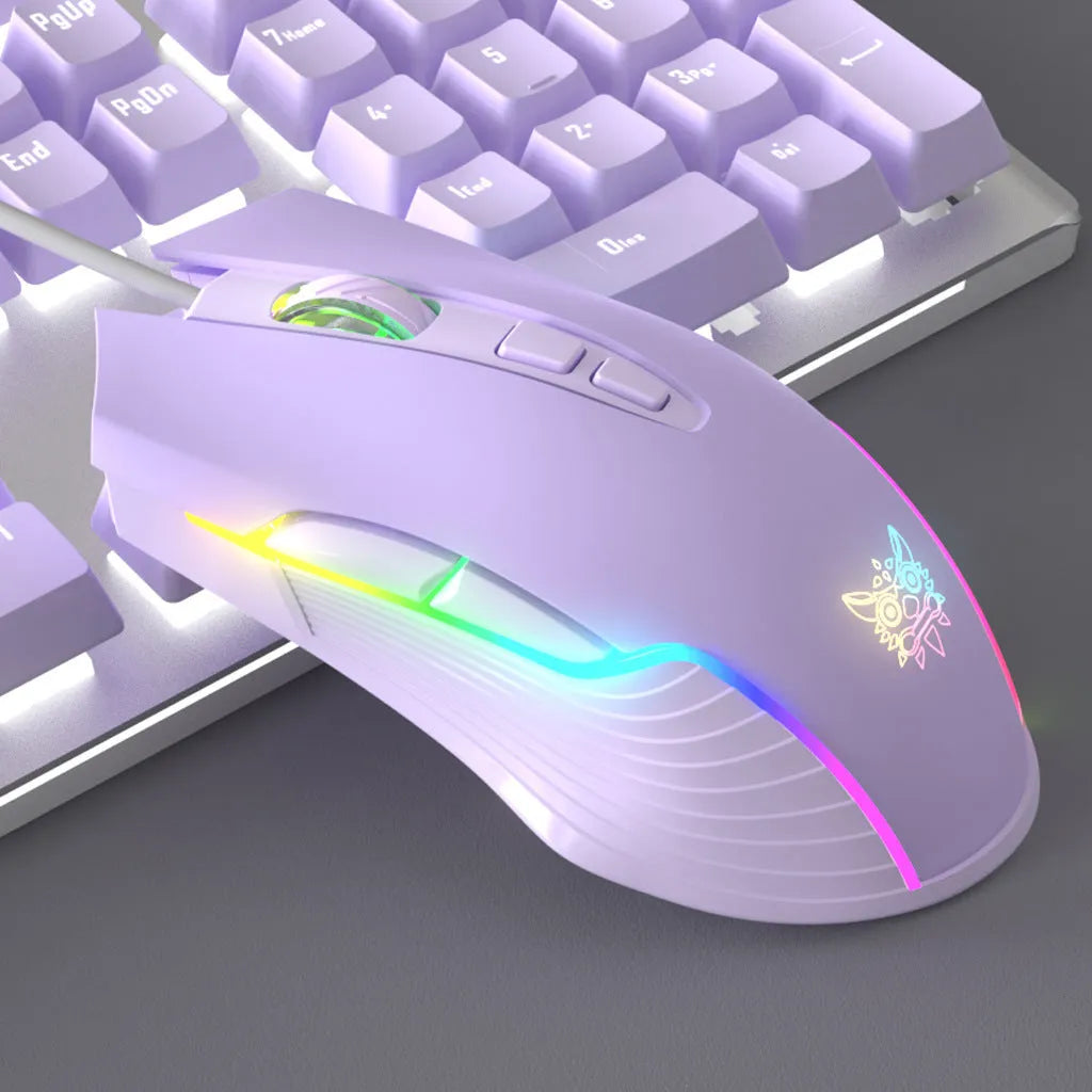 Purple and white mechanical keyboard and mouse wired combo set with backlight illumination