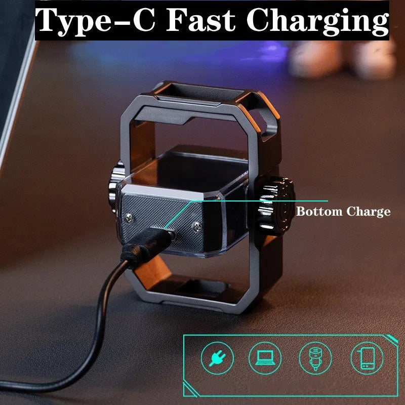 Blue folding electric arc lighter with a mechanical gyroscope, showing windproof double arcs and USB Type-C port.