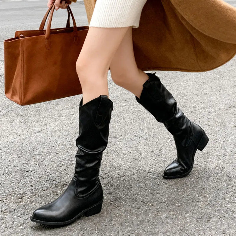 Chunky heel suede riding boots, block heel, round toe, available in cloth khaki leather black and leather brown