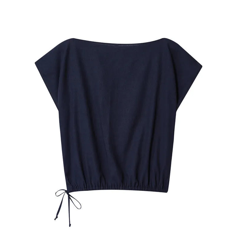 Women's linen style two-piece set with flounced sleeve shirt and wide leg trousers