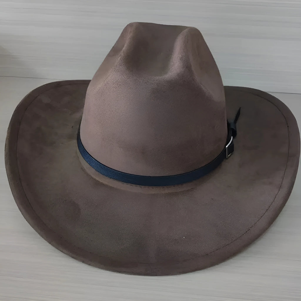 Brown leather velvet curved edge Western cowboy hat with a conical crown on a stand.