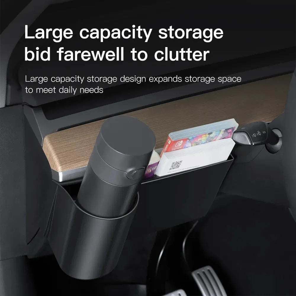 Plastic dashboard water cup holder for left-hand drive Tesla Model 3 and Model Y vehicles.
