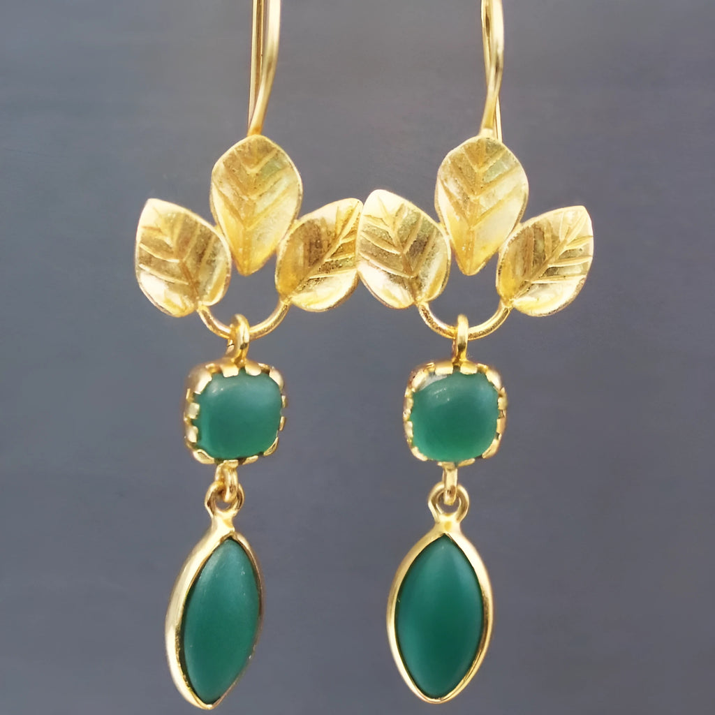Gold tone French leaves tassel drop earrings with water drop zircon pendants and retro vintage style