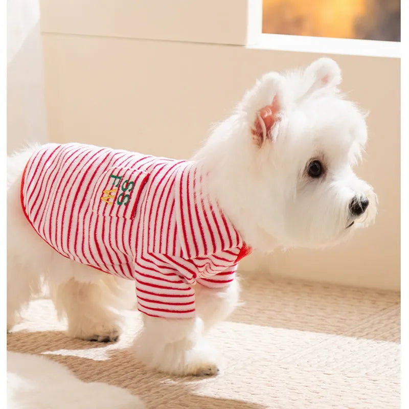Red striped two-legged fleece pet clothing for small to medium dogs and cats