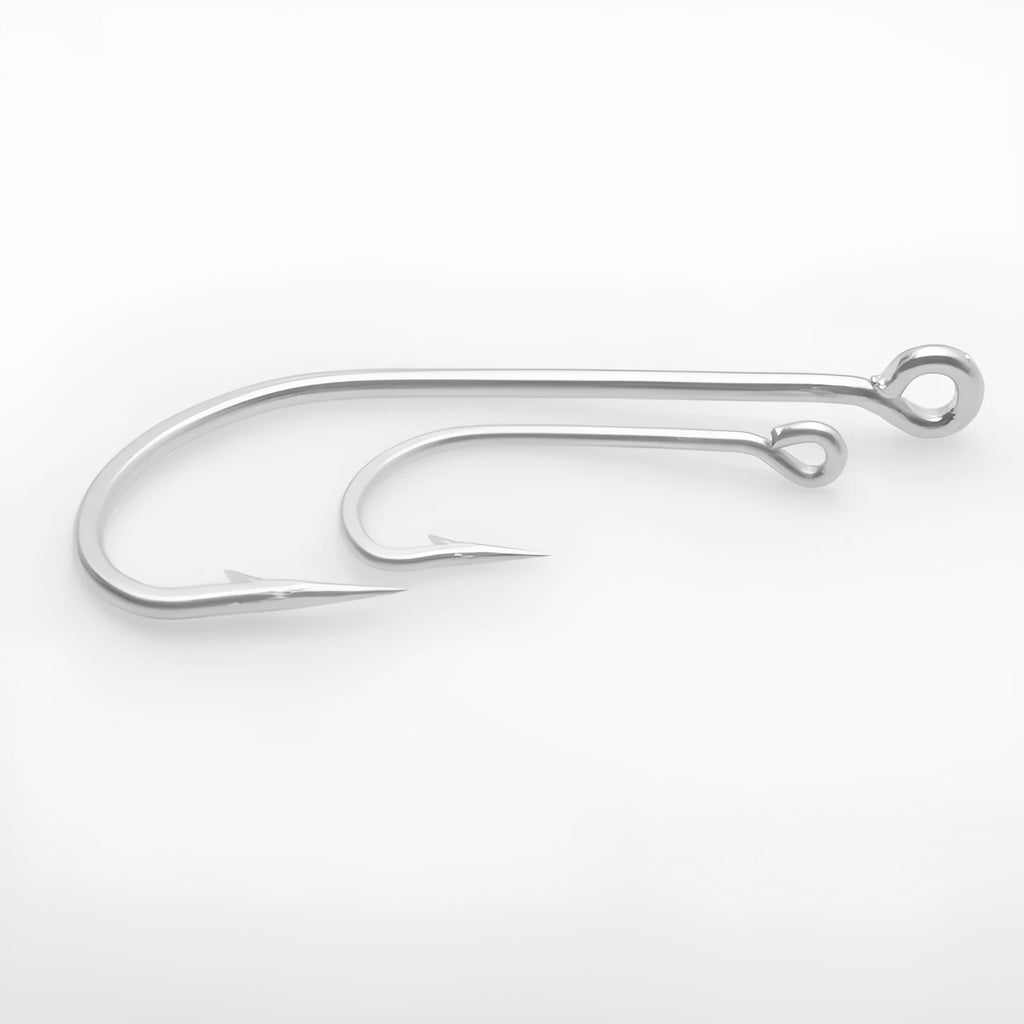 Assortment of stainless steel alloy sea fishing hooks for ocean boat fishing.