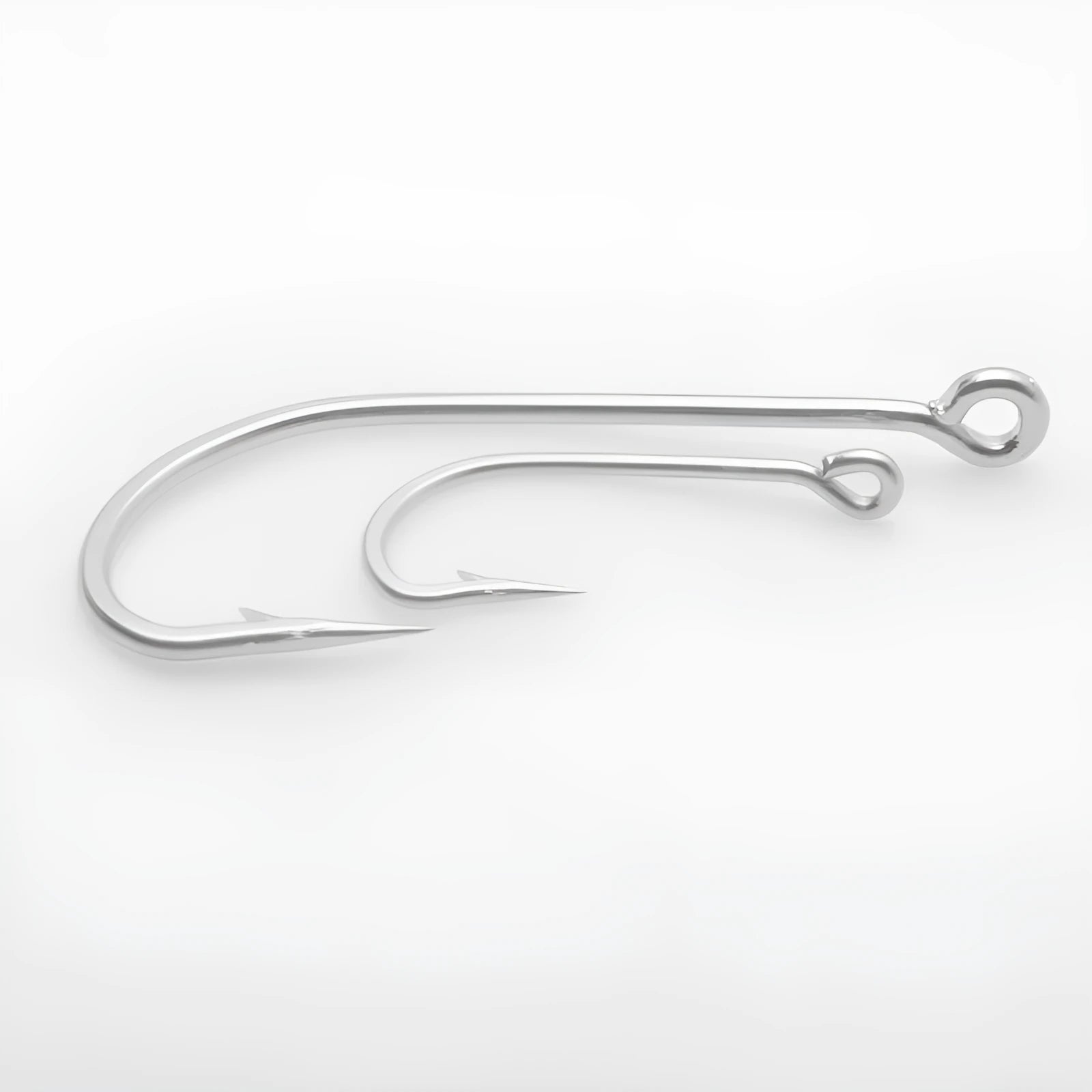 Assortment of stainless steel alloy sea fishing hooks for ocean boat fishing.