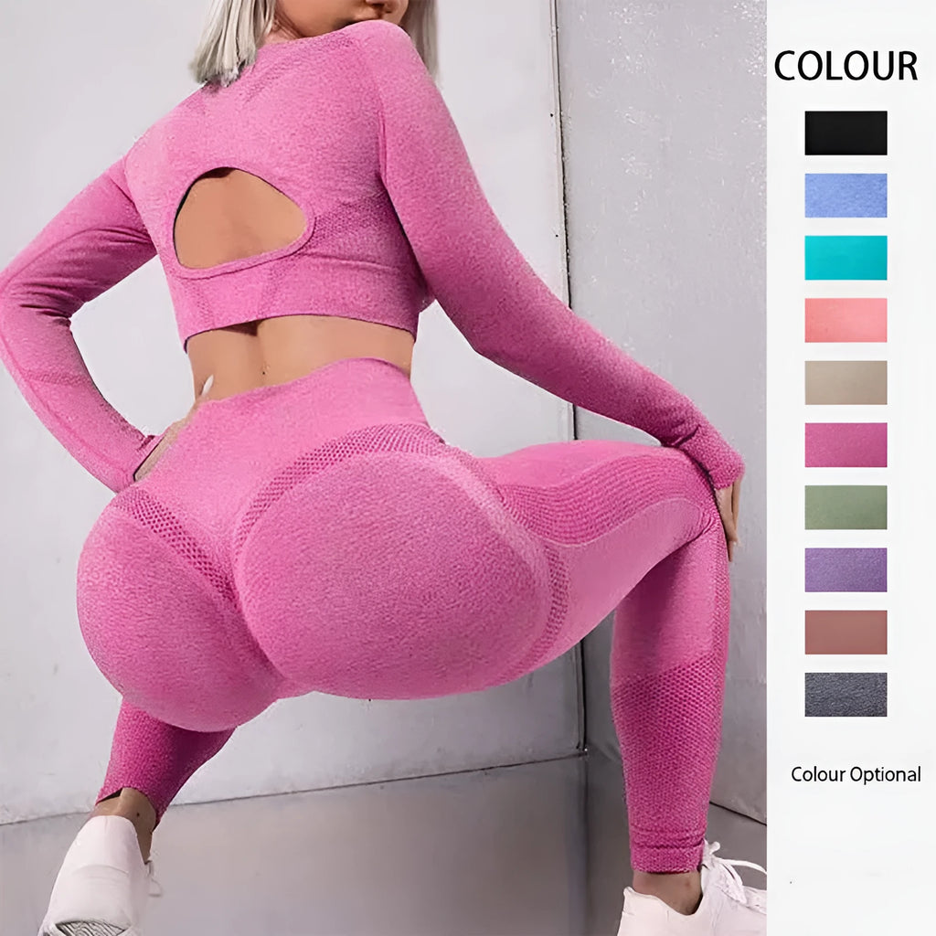 Two-piece sports suit with long sleeve hollow top and high waist seamless leggings in green