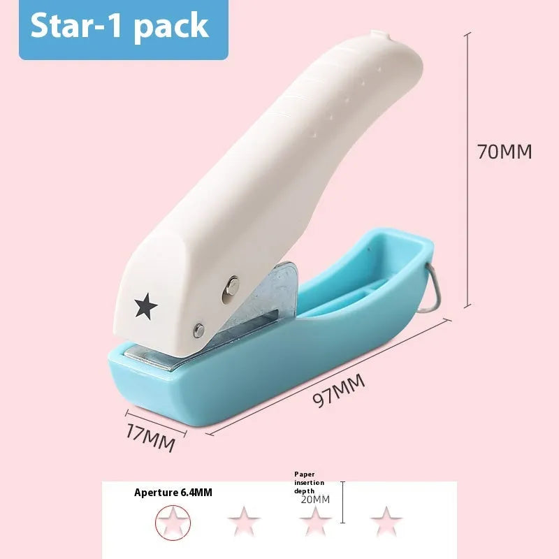 Manual craft punching machine with love, star, and two round hole designs for paper.