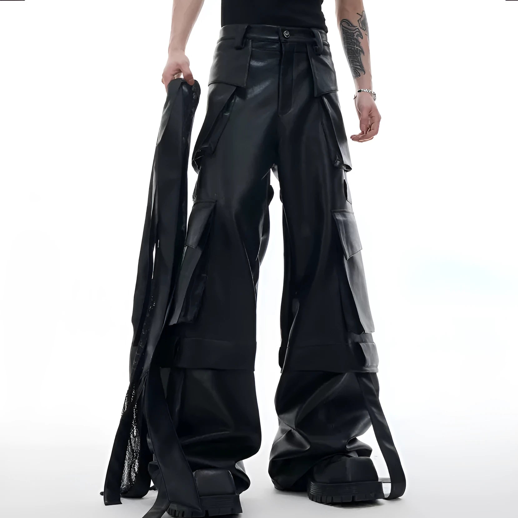Black loose-fit retro trousers with quilted pattern and multiple stitched pockets.