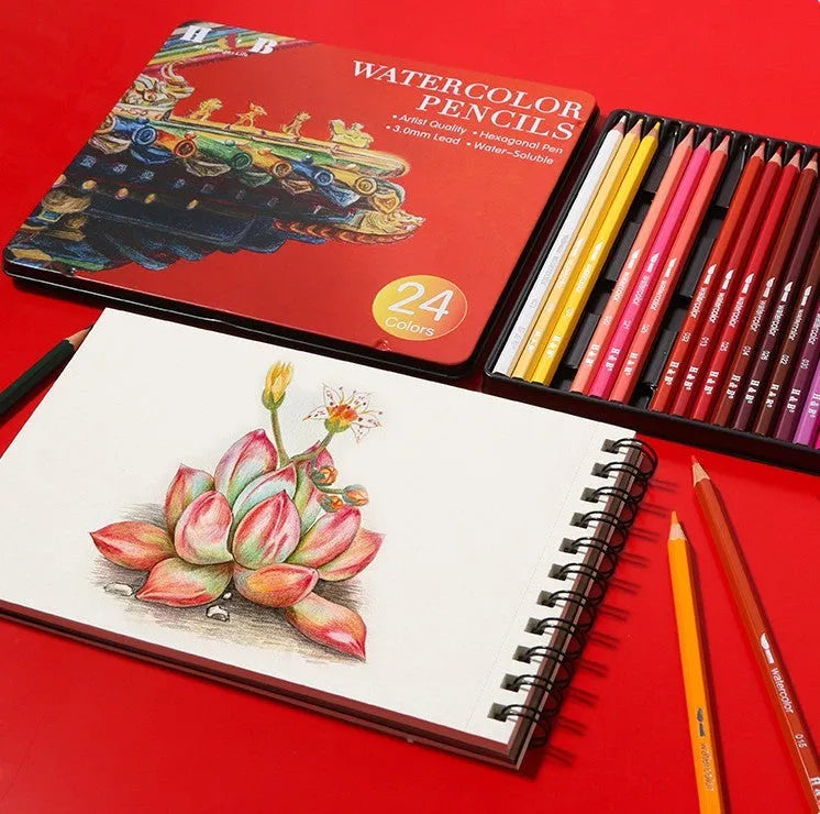 Water-soluble coloured pencil set with 24 colours in iron storage box showing pencil dimensions