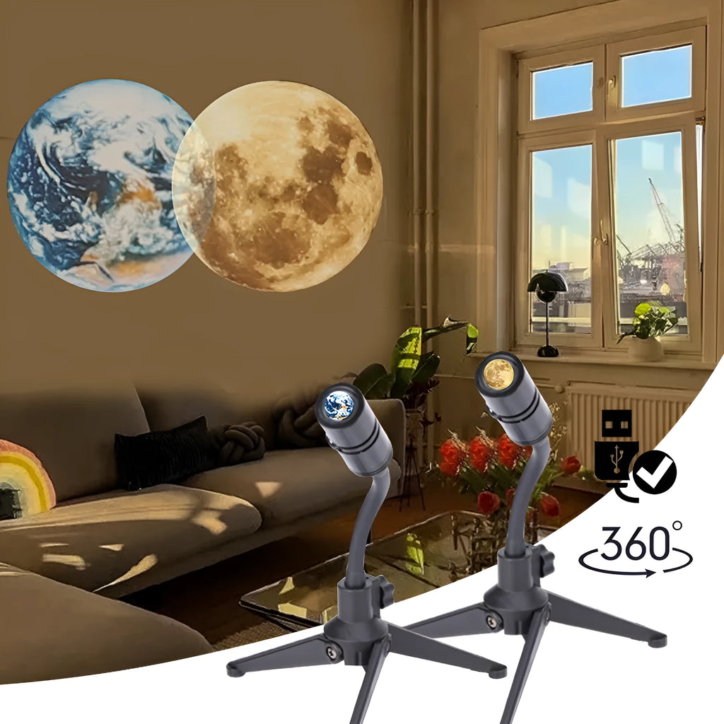 Earth and Moon star projection lamp with adjustable hose bracket on wooden surface