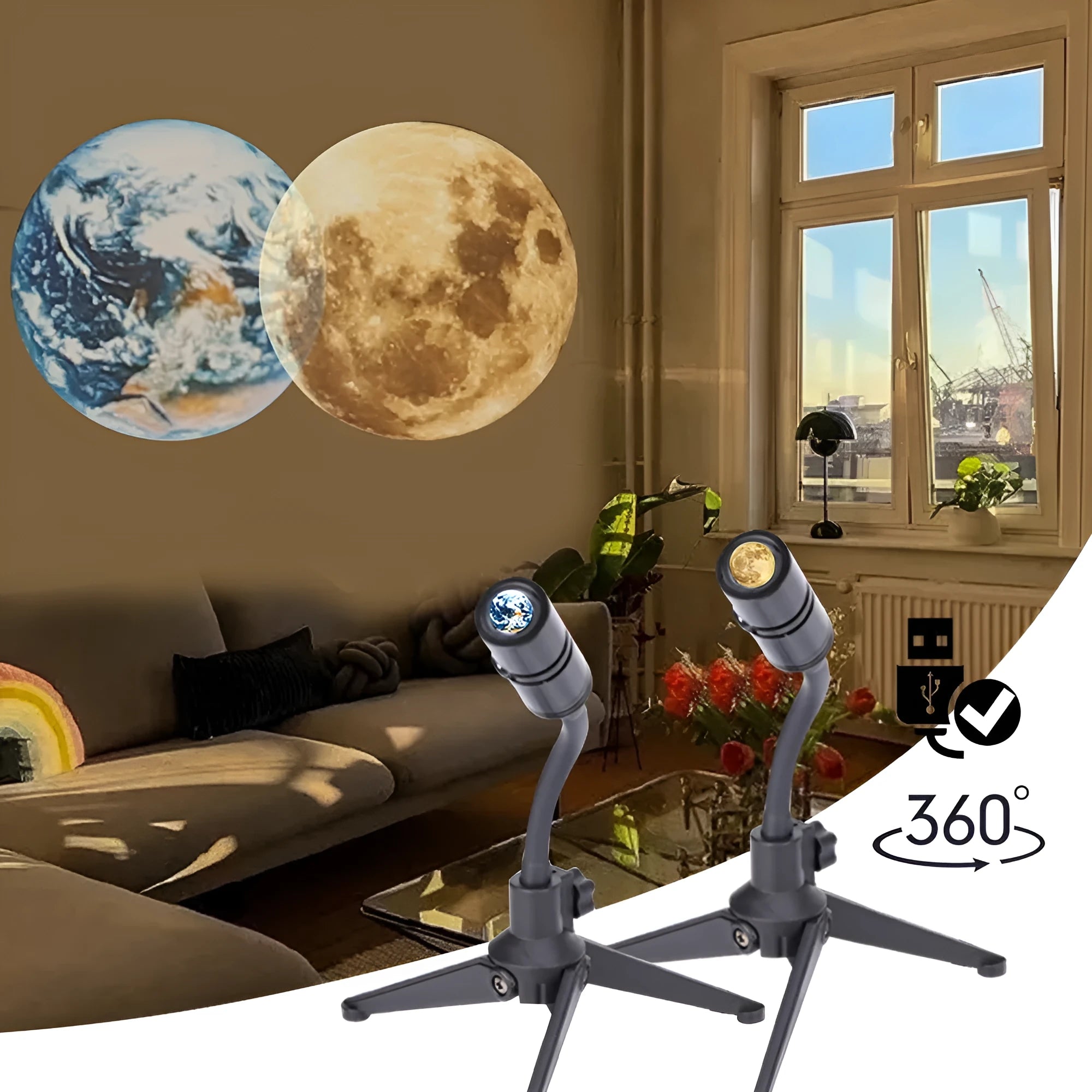 Earth and Moon star projection lamp with adjustable hose bracket on wooden surface