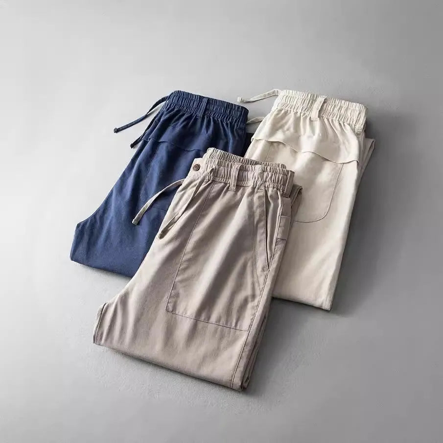 Men's linen casual trousers in solid colours with mid waist and trouser length