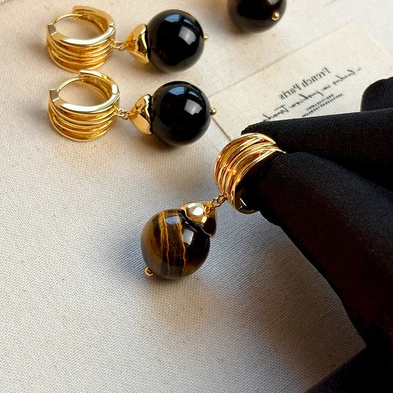 Gold plated geometric drop earrings with round brown tigereye stone, French retro style.