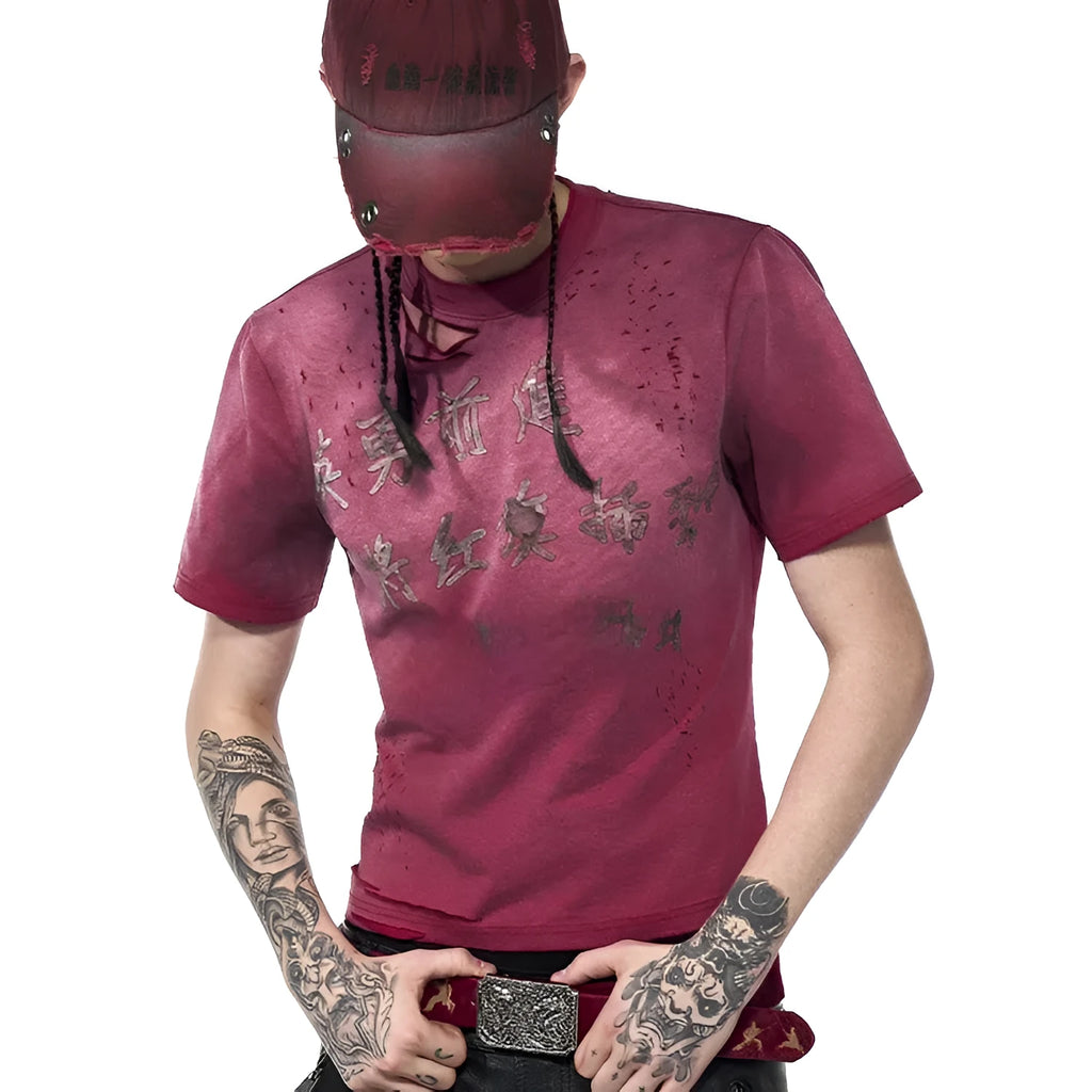 Men's summer slim-fit red short sleeve t-shirt with spray dirty washed distressed finish, round neck, daily casual wear