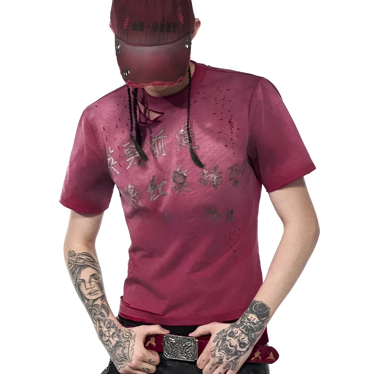 Men's summer slim-fit red short sleeve t-shirt with spray dirty washed distressed finish, round neck, daily casual wear