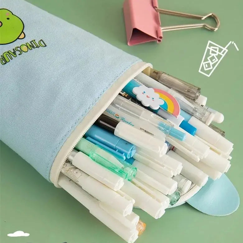 Round canvas pencil bag with cartoon pattern for junior high school pupils, 193x72mm, random colour mixed