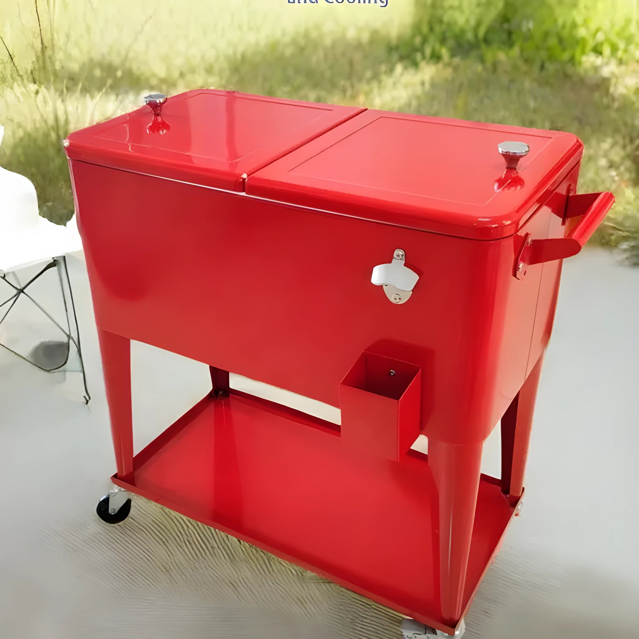Red metal outdoor insulated trolley cooler box with a 750 capacity.