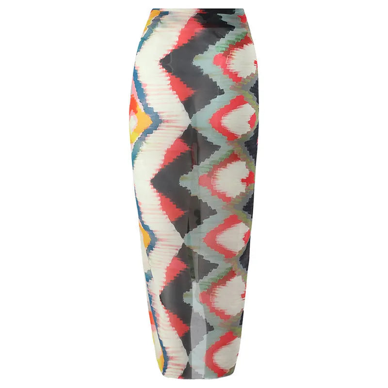 Women's striped two-piece swimsuit set with matching hip skirt on a mannequin.