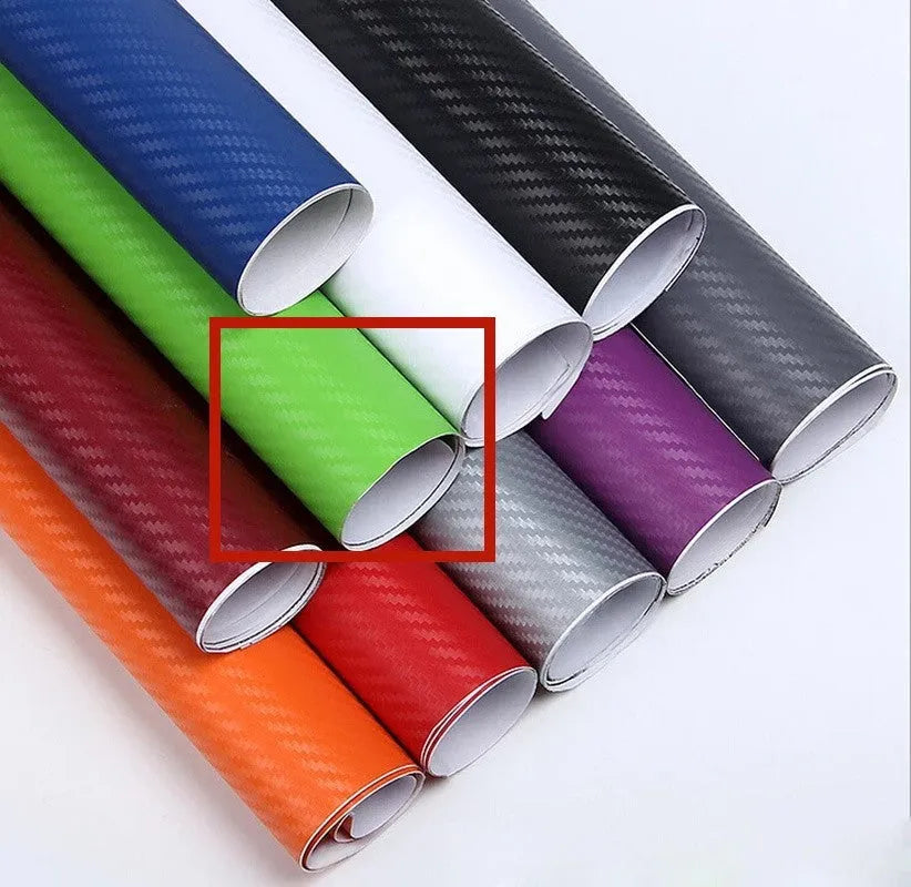 Roll of 3D carbon fiber car decoration sticker showing textured surface in multiple colour options
