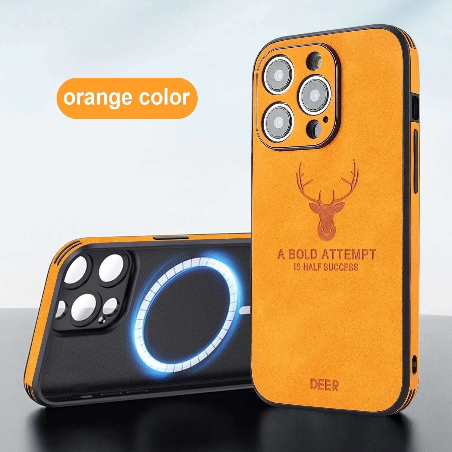 Magnetic charging moose head imitatin leather phone case for iPhone 16, black colour, embossed design